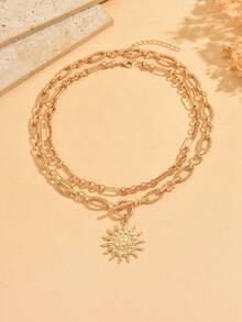 2pcs Vintage Exquisite Sun Pendant OT Clasp Chain Gold Layered Necklace Set, Versatile Neck Jewelry For Women, Suitable For Daily Wear, Dates And Parties - Gold - View 3