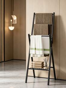 1PC Heavy Duty Freestanding Ladder Towel Rack Made Of Carbon Steel, Space Saving Multi Tier Blanket Display Stand, Waterproof Floor Storage Shelf For Bathroom, Balcony & Bedroom - Multicolor - View 9