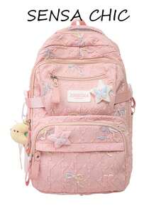 Rosa strukturierter gesteppter Schüler-Rucksack, Mehrfach-Taschen Rucksack mit großer Kapazität, geeignet für den täglichen Schulgebrauch von Teenager-Mädchen, Einkaufen und Wochenendreisen (ohne Anhänger) - Pink - Übersicht 3