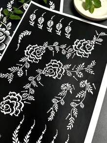 Tiebeauty 2件組可重複使用花卉海娜紋身模板套裝，玫瑰藤蔓 Mehndi 模板，適用於手臂、手部與全身彩繪，適合日常、節慶與身體藝術 - 黑色 - 查看 8