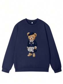 Cute Academy Style Bear Pattern Pullover Sweatshirt, Long Sleeve Ribbed Crew Neck Knit Fabric, Suitable For Autumn Wear, Comfortable And Versatile - Navy Blue - View 4