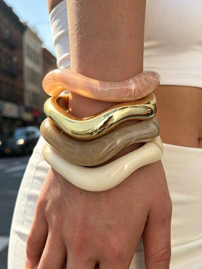 Set Gelang Bangle Terbuka Bergelombang Berkilat Resin Akrilik Berwarna-warni Gaya Minimalis Elegan Vintage untuk Wanita, 4 keping/1 keping, Sesuai untuk Pemakaian Harian, Percutian, Parti, Temujanji Hari Valentine, Hadiah Cuti, Boleh Dilapis, Gaya Baharu 2026