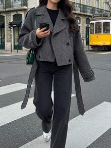 女款秋季純色長袖雙排扣休閒寬肩外套，時尚老錢風短夾克，適合外出與聚會 - 灰色 - 查看 8