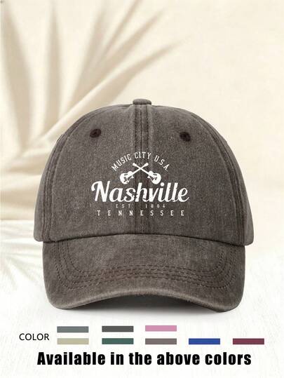 1件裝棒球帽「MUSIC CITY USA NASHVILLE」字母印花圖案，美式復古風時尚簡約休閒百搭，高吸引力四季裝飾風格，男女通用必備時尚單品，適合戶外活動