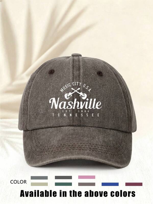 1 pieza Gorra de béisbol "MUSIC CITY USA NASHVILLE" con estampado de letras, estilo vintage americano, moda simple casual versátil, estilo decorativo altamente atractivo para todas las estaciones, artículo de moda esencial para hombres y mujeres, adecuado para actividades al aire libre