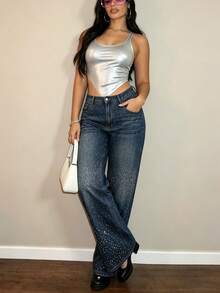 Celana Jeans Denim Wanita Ukuran Besar Pinggang Tinggi dengan Hiasan Rhinestone, Potongan Lurus, Warna Gelap, Gaya Pesta Kasual Mengkilap untuk Musim Gugur - Medium Wash - View 4