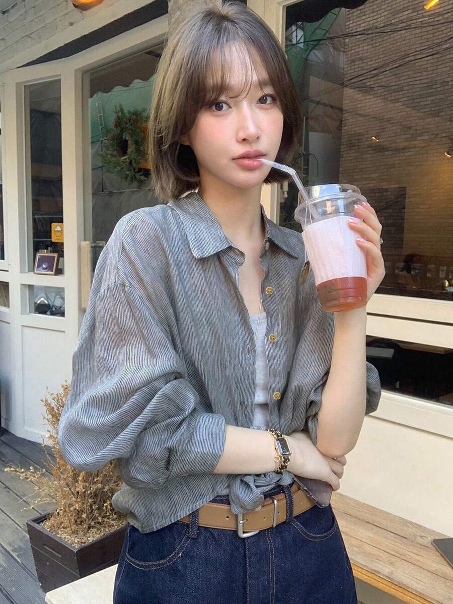 Women's Striped Single-Breasted Fashion Versatile Casual Daily Shirt - Navy Blue - View 1