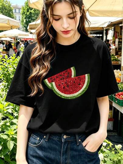Sommerliches Damen-T-Shirt mit Wassermelonen-Print, weiche Baumwolle, Rundhalsausschnitt, lockere Passform, Hip-Hop-Streetstyle.