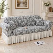1pc Vintage Jacquard Pattern Skirted Full Coverage Elastic Sofa Cover, Dust-Proof And Stain-Resistant, Stretchable One-Piece Full Coverage Sofa Protector, Living Room Home Decor, Machine Washable And Hand Washable, Pillow Case Not Included - Grey - View 9