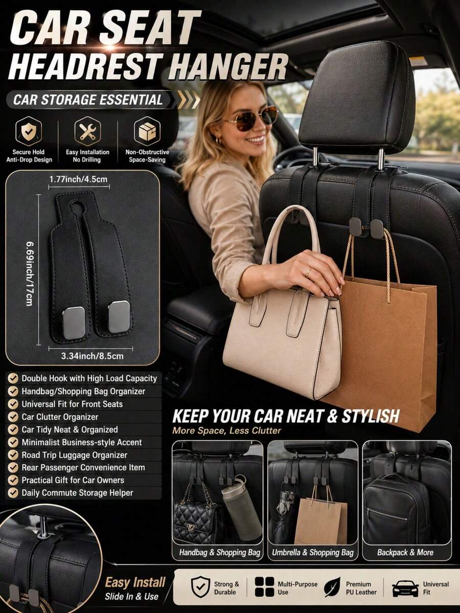 Gancho de almacenamiento para asiento de coche universal, gancho plegable para bolso de reposacabezas, gancho de coche minimalista adecuado para bolsos, ropa, comestibles y accesorios, resistente, fácil de instalar, organizador de almacenamiento interior del coche