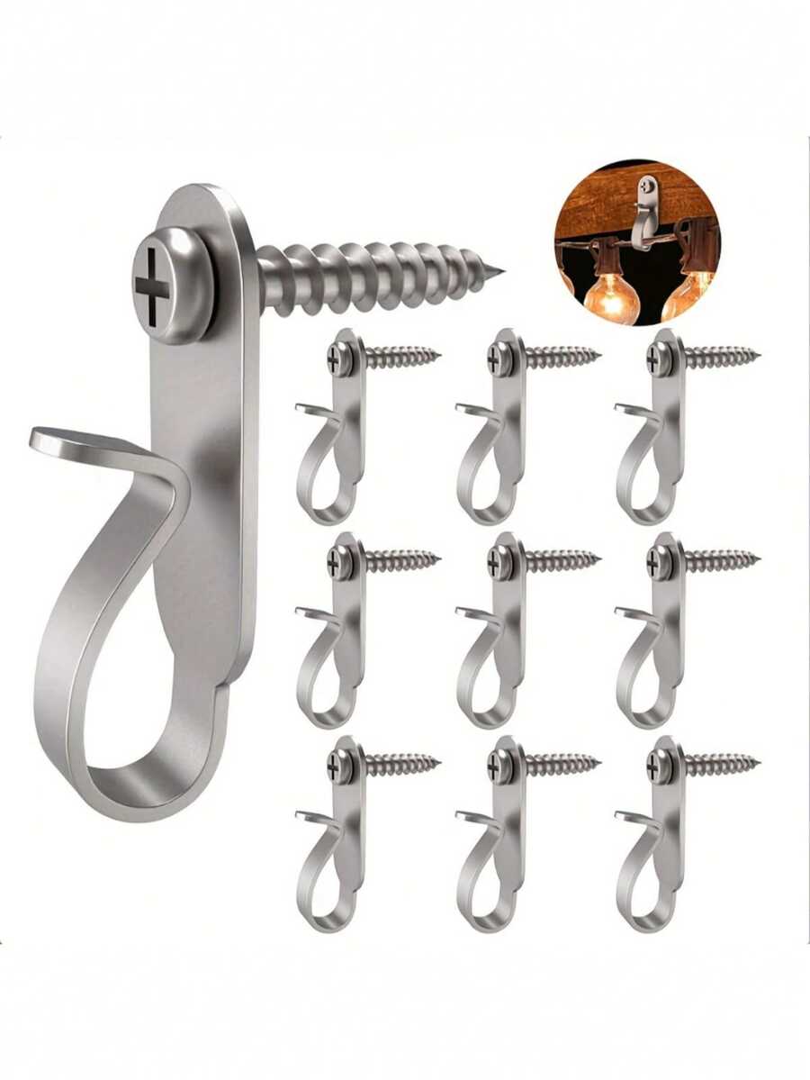 10pcs Stainless Steel Wall Hooks, Modern Style Easy Install Screw-In Hooks, Suitable For Hanging Christmas Lights, String Lights, LED Light Clips - Silver - View 1