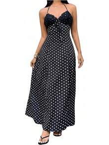 Women's Polka Dot Halter Dress Satin Backless Midi Dress With Lace Bodice Adjustable Tie Front Summer Vacation Beach Party Outfits - Black - View 3