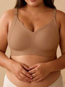 大尺碼孕婦哺乳內衣 無鋼圈半固定式可掀開前開式 產後哺乳防下垂內衣 - 卡其色 - 查看 4