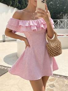 Anyi Women's Plaid Off-Shoulder Mini Dress, A-Line Short Sleeve Woven Pink Summer Babydoll Dress Elegant - Pink - View 8