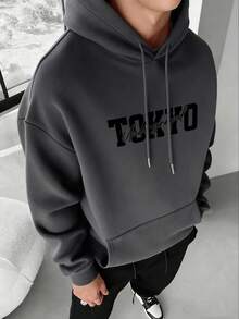 男士秋冬休閒時尚百搭街頭風賽車標語印花袋鼠口袋抽繩連帽衛衣 - 深灰色 - 查看 2