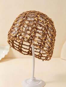 1pc Women's Spring/Summer Thin Hollow-Out Sequin Decor Handmade Crochet Knit Hat, Suitable For Spring/Summer/Autumn Daily Outdoor Wear, Random Sequin Color - Hollow Sequins - View 6