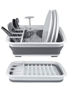 Rak Pengering Piring Lipat dengan Tempat Peralatan Makan, Pengering Piring Lipat, Cocok untuk Dapur RV, Set Pengering Dapur Lipat Kompak Plastik Putih, Tahan Lama dan Hemat Ruang, Cocok untuk Dapur Kecil - Grey - View 2