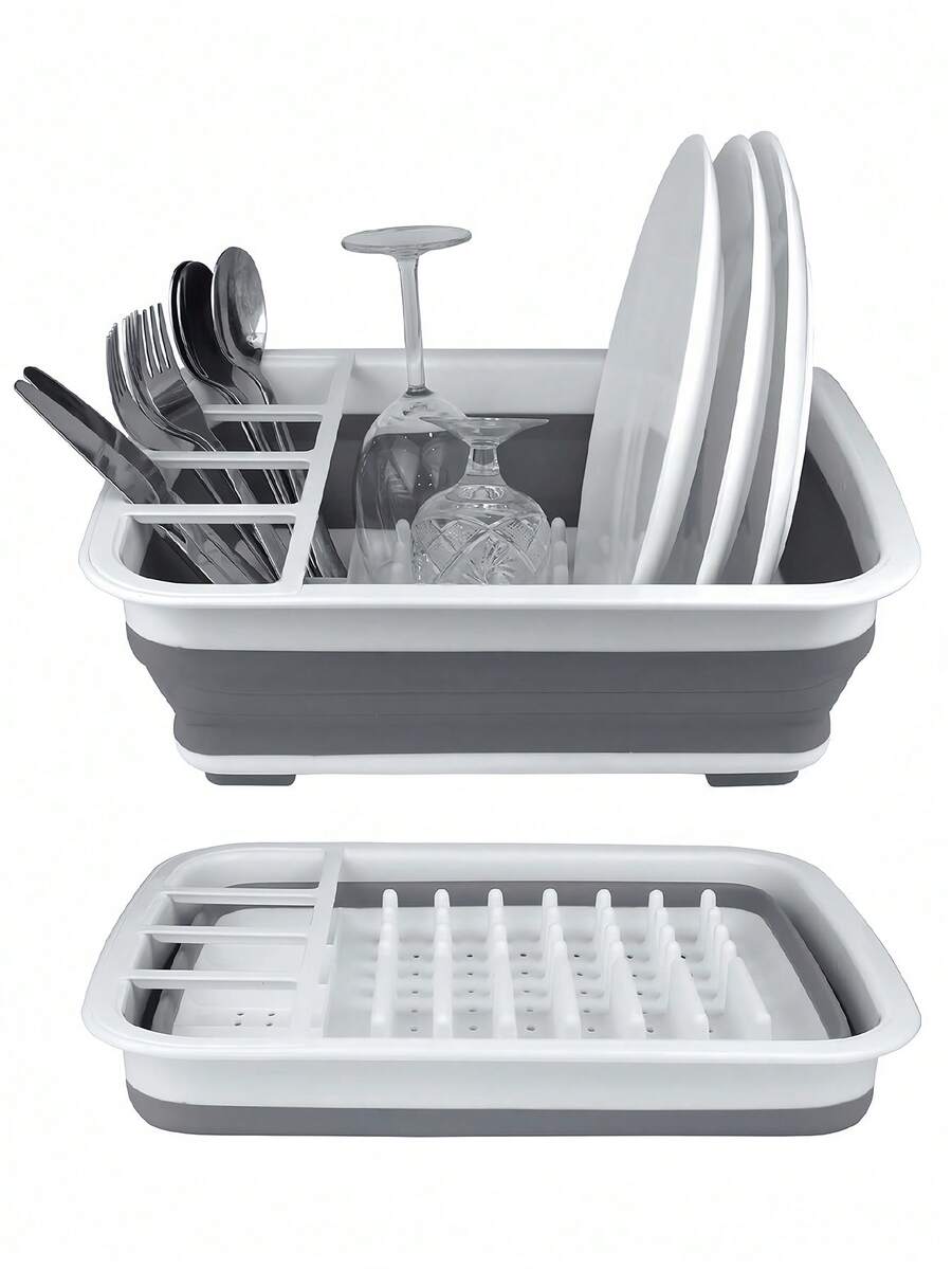 Rak Pengering Piring Lipat dengan Tempat Peralatan Makan, Pengering Piring Lipat, Cocok untuk Dapur RV, Set Pengering Dapur Lipat Kompak Plastik Putih, Tahan Lama dan Hemat Ruang, Cocok untuk Dapur Kecil