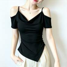 Women's Sexy Off-Shoulder Off-Shoulder Short Sleeve T-Shirt, Asymmetrical Design, Chic Unique Style, Fashionable Minimalist Casual Versatile Black Top For Summer - Black - View 9