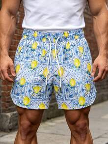 Men's Bold Sicilian Lemon Ceramic Print Swim Trunks, Italian Style Quick-Dry Drawstring Cuffed Casual Beach Shorts, Suitable For Summer Vacation And Pool - Yellow - View 2