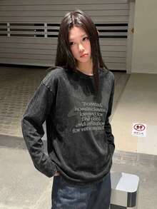 女士休闲复古水洗字母印花宽松圆领长袖上衣，适合日常通勤，春秋季百搭单品 - 黑色 - 查看 8