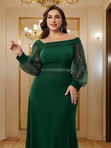 BluePlum Vestido de Noche con Escote Asimétrico en Silueta A, Vestido Formal con Mangas de Linterna Transparentes con Lentejuelas, Vestido de Novia, Dama de Honor y Madre de Talla Grande para Boda - Verde Oscuro - Ver 7