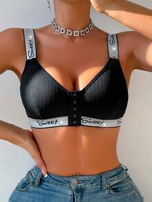 Women's Front Closure Striped Silver Wire-Free Sexy Bra - Black - View 4
