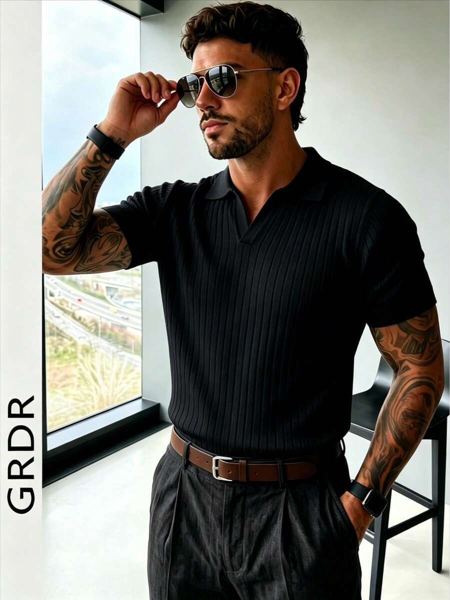 GRDR 男士夏季纯色 Polo 领短袖针织衫，适合夏季外出穿着，时尚造型必备单品
