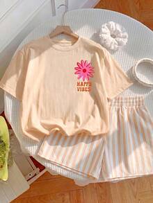 2pcs/Set Young Girl Cute Minimalist Fresh Floral Print Casual Shorts Set - Apricot - View 2