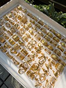 1/3/6/12/24 Buah Cincin Geometris Minimalis Berlapis Emas 18K dari Baja Tahan Karat untuk Wanita, Cocok untuk Pemakaian Sehari-hari, Belanja, dan Pesta (Model Acak) - Emas - View 4