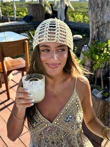 1pc Women's Spring/Summer Thin Hollow-Out Sequin Decor Handmade Crochet Knit Hat, Suitable For Spring/Summer/Autumn Daily Outdoor Wear, Random Sequin Color - Hollow Sequins - View 3