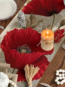 1pc Rich Red Poppy Oil Painting Style Printed Table Runner, Spring/Summer New Impressionist Art Style Polyester Printed Tablecloth, Original Design, Exquisite And Vibrant Colors, Rectangular - Red - View 3