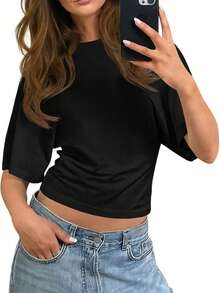 Women's Casual Style Summer Vacationl Ruched Black Short Sleeve T-Shirt For Fall Polyester Round Neck Top With Drop Shoulder, Medium Stretch Comfort - 黑色 - 查看 10