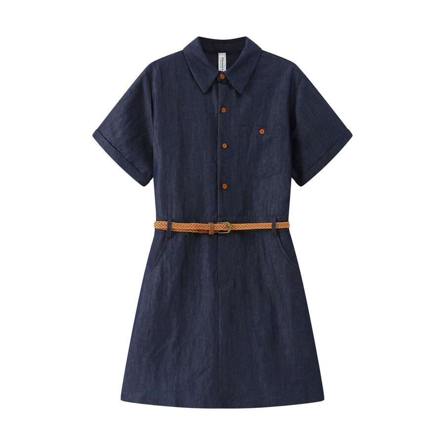 韓式休閒 Polo 領洋裝 素色復古優雅休閒腰帶裙 晚宴約會度假日常夏季穿搭 - 深色水洗藍 - 查看 1