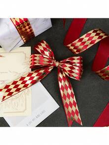 1pc Red & Gold Foil Diamond Lattice Satin Ribbon, Heat-Stamped Diamond Pattern Gift Wrapping Ribbon, Suitable For Halloween, Christmas Bows, Handmade Gifts, Packaging Decoration, Theme Party, Home Decor, Holiday Celebration - Multiple Styles - View 11