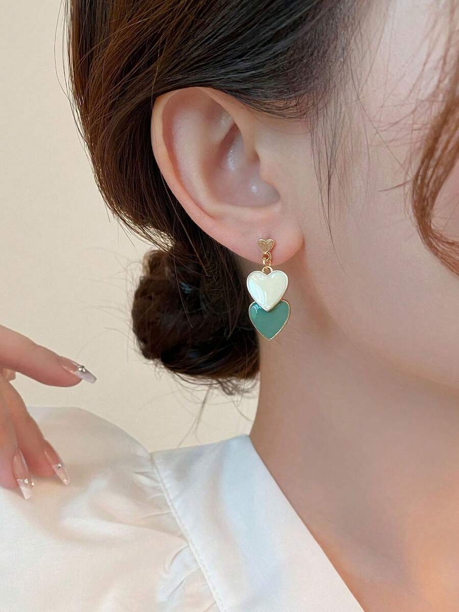 1 Pair Of European And American Fashionable Simple Alloy Heart Drip Oil Double-Layered Stud Earrings For Women, Summer Earrings, Festival Gift, Everyday Use Valentines,Mom,Mother,Mother's Day,Gift