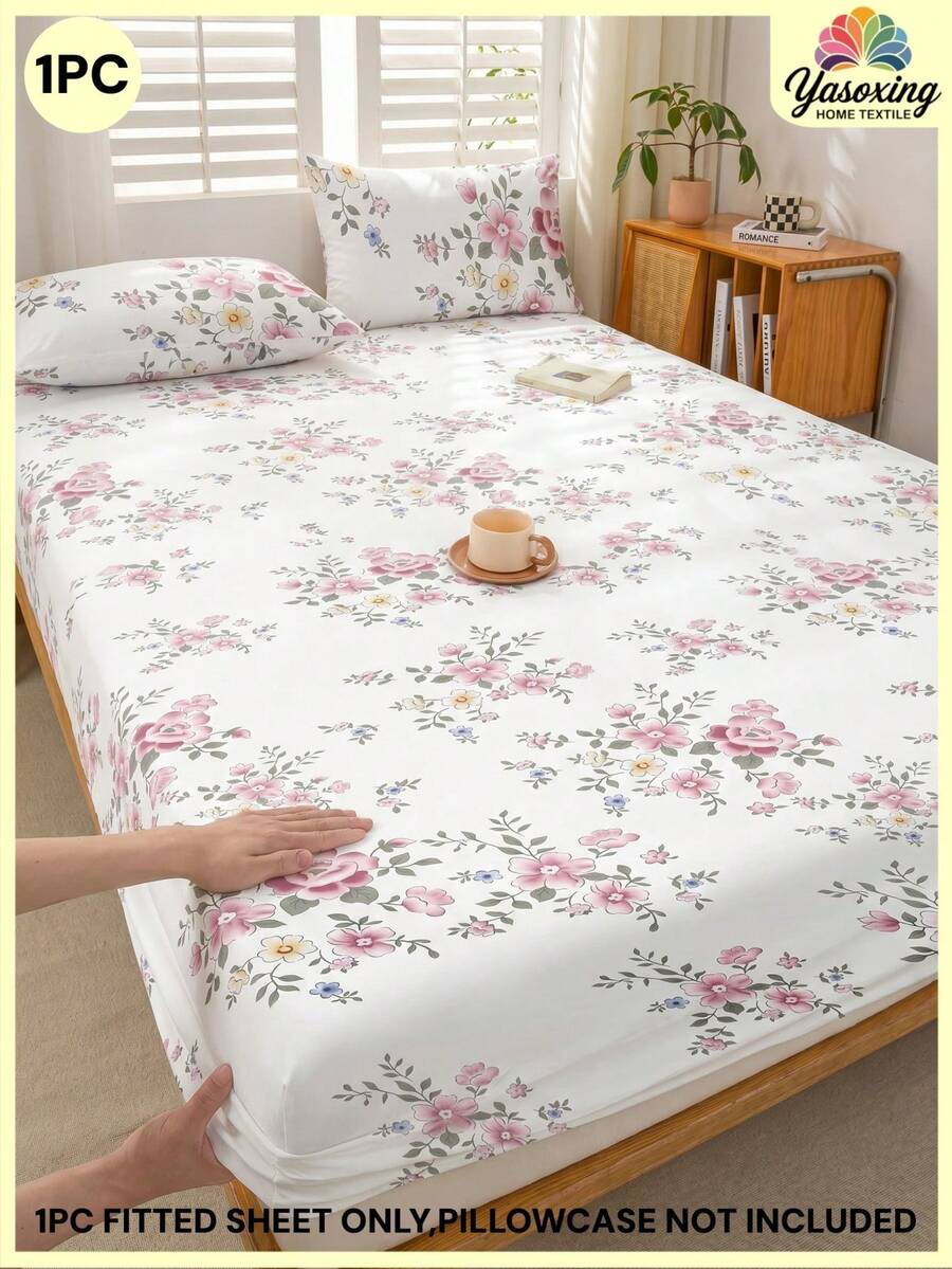 1pc White Base Large Pink Multicolor Peony Floral Pattern Fitted Sheet, No Filling, Bedroom Use Flannel Microfiber Breathable Comfortable Fitted Sheet, 1pc/Pack, Extra Large/Large/Full/Queen Size, Deep Pocket Design, Fits Up To 11.8 Inches Thick - Pink - View 1