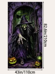 Halloween Witch Door Curtain Backdrop, Purple & Green Scary Witch Pumpkin Print Polyester Vertical Door Banner, High-Definition Printing Lightweight Easy To Hang, Suitable For Entrance Door, Hallway, Haunted House And Halloween Party Decoration - Witch - View 9