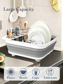 Rak Pengering Piring Lipat dengan Tempat Peralatan Makan, Pengering Piring Lipat, Cocok untuk Dapur RV, Set Pengering Dapur Lipat Kompak Plastik Putih, Tahan Lama dan Hemat Ruang, Cocok untuk Dapur Kecil - Grey - View 4