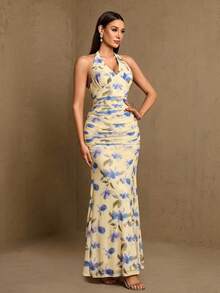 XUCTHHC Robe de soirée élégante avec imprimé floral élastique en maille sans manches, ourlet sirène, robe de bal formelle, robe d'invitée de mariage, remise des diplômes, festival, automne - Multicolore - Voir 4