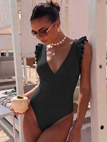 HaiiMeid Solid Colour Splice Ruffle Trim Deep V-neck Backless One Piece Swimsuit - Black - View 6