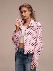 HZXVIC Women's New Spring Style Contrast-Colored Polka Dot Casual Jacket With Drawstring, Zipper, Ribbed Stand Collar, And College Style Vacation Pink - Pink - View 5