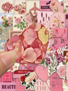 50 peças/Conjunto Adesivos de Flores de Desenho Animado Estética Rosa Retrô, Decalques Decorativos para Laptop, Guitarra, Telefone, Papelaria, Bagagem, Caderno - Multicolorido - Visão 4