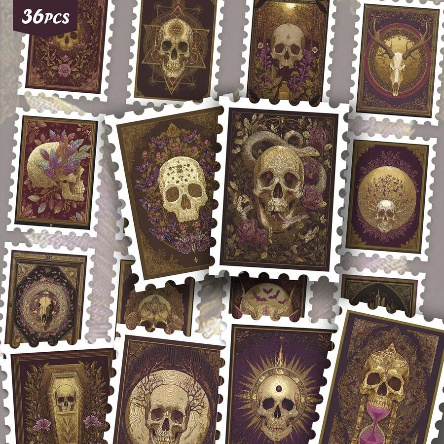 36PCS Vintage Gothic Skull Stickers, Retro Dark Academia Style & Floral Skull Aesthetic Cutout Sticker Set For Journals, Planners & Decor - Stamp - View 1