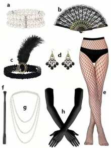 1pc/1set 1920s Flapper Full Accessory Set, Sexy Idol Cosplay, Halloween & Christmas, Vintage & Glam, 2 Sets Main Items, Stockings & Veil: Accessories - Black - View 1