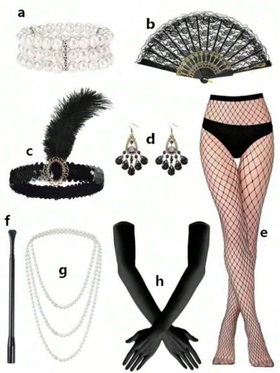 1pc/1set 1920s Flapper Full Accessory Set, Sexy Idol Cosplay, Halloween & Christmas, Vintage & Glam, 2 Sets Main Items, Stockings & Veil: Accessories - Black - View 1