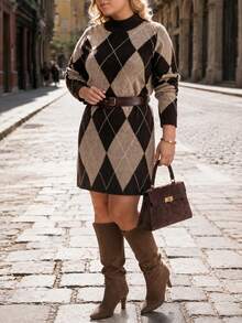 Plus Size Women's Diamond Lattice Long Sleeve Casual Knit Dress - Multicolor - View 3