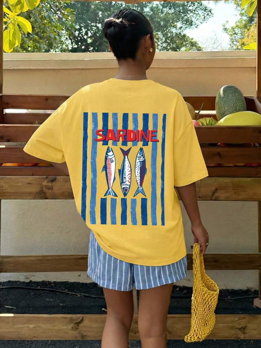 Lockeres T-Shirt von  für Damen, hellrosa, sommerlich, lässig, mit Grafikdruck, Streetwear, für den Kurzurlaub, lockeres Raglan-T-Shirt, mit Hummerstreifen- und Buchstabendruck, Strand-T-Shirt, Pastellfa - Gelb - Übersicht 1