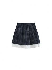 Rok Pendek Wanita Gaya Korea Vintage Motif Polkadot dengan Hiasan Renda dan Patchwork - Navy Blue - View 5