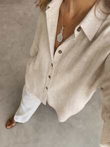 Women's Vintage Linen Lapel Collar Shirt, Dropped Shoulder 3/4 Sleeve With Button Detail, Autumn Casual Wear - Apricot - View 8